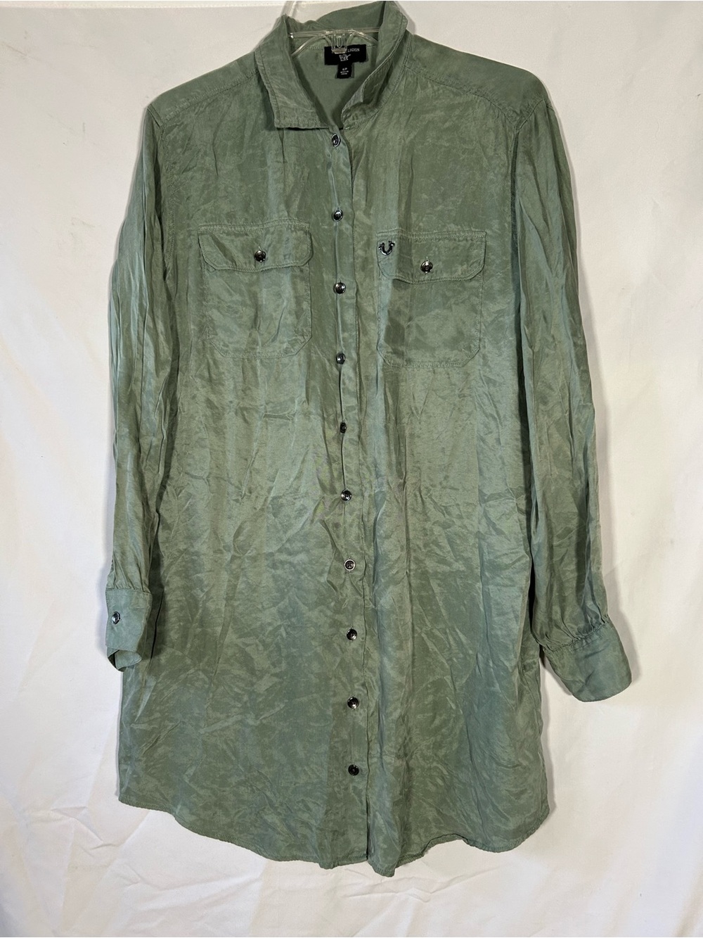TRUE RELIGION GREEN UTILITY BUTTON UP L/W MINI DRESS WITH POCKETS WOMENS SMALL